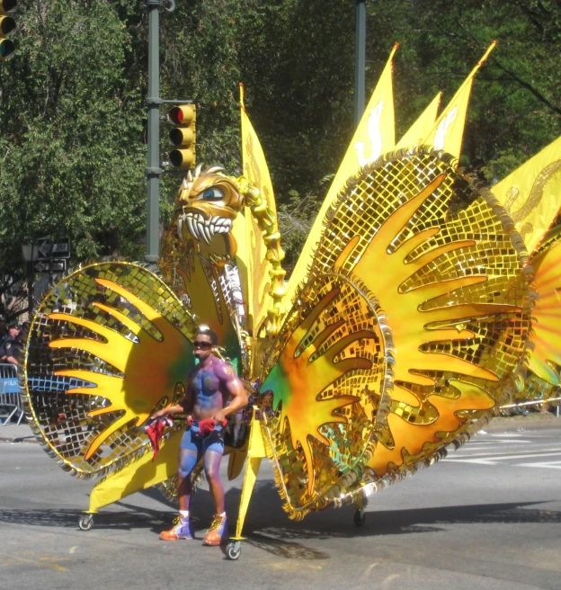 a man standing next to a giant erfly costume