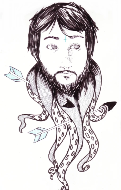 a drawing of a man with an octo around his neck