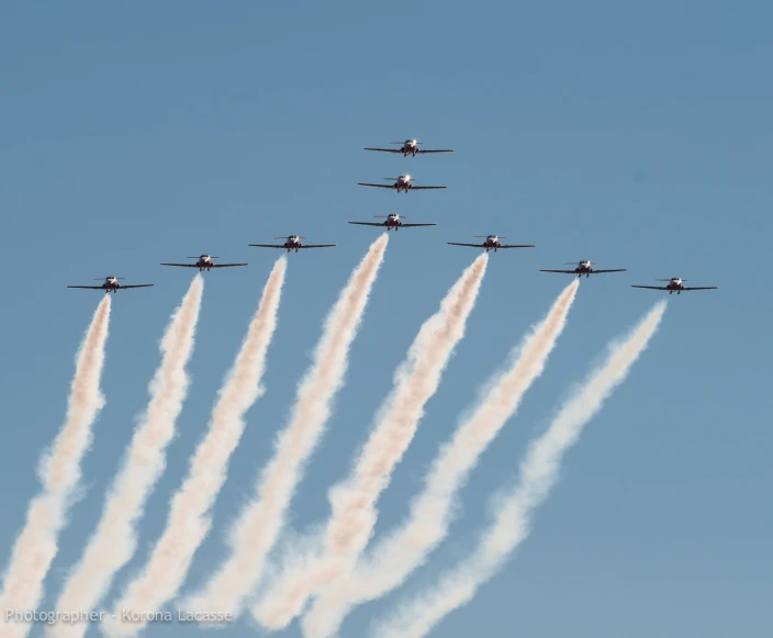 six airplanes flying in formation with smoke trails