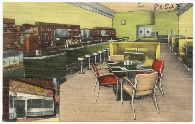 a color image of an empty restaurant with a bar and tables