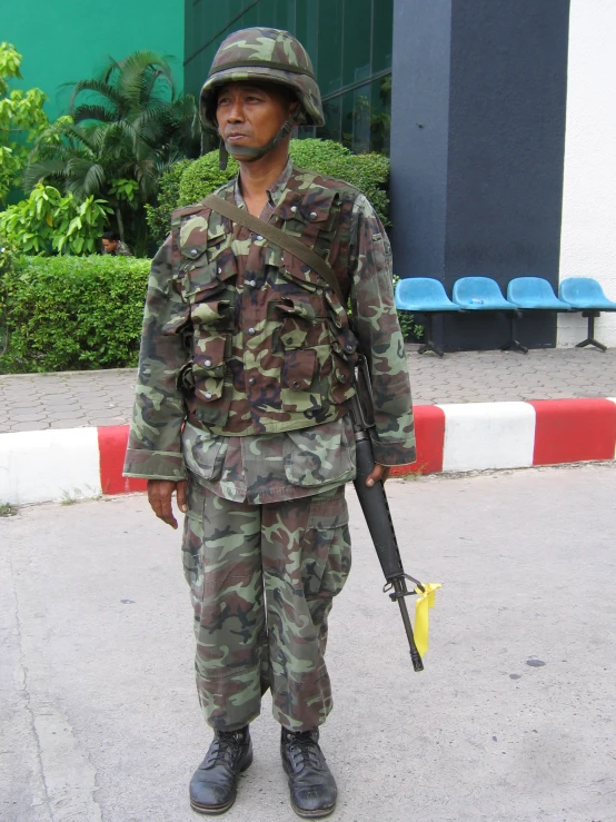 a soldier dressed in camouflage with a gun and helmet