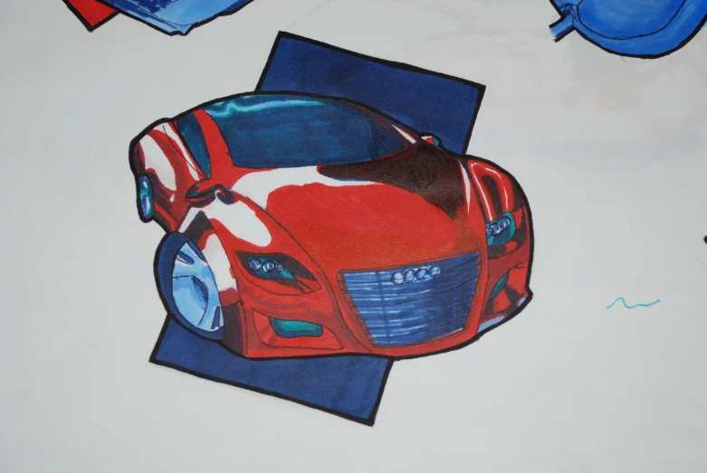 some blue birds are laying next to a drawing of a car