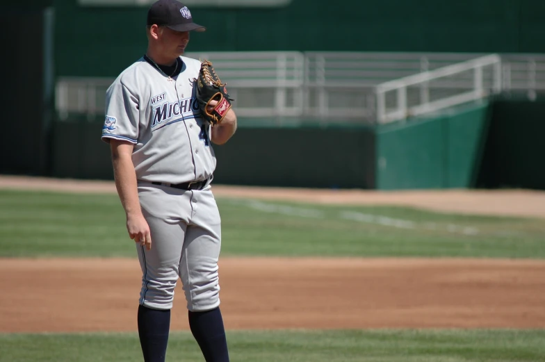 a baseball player on a field holding a mitt