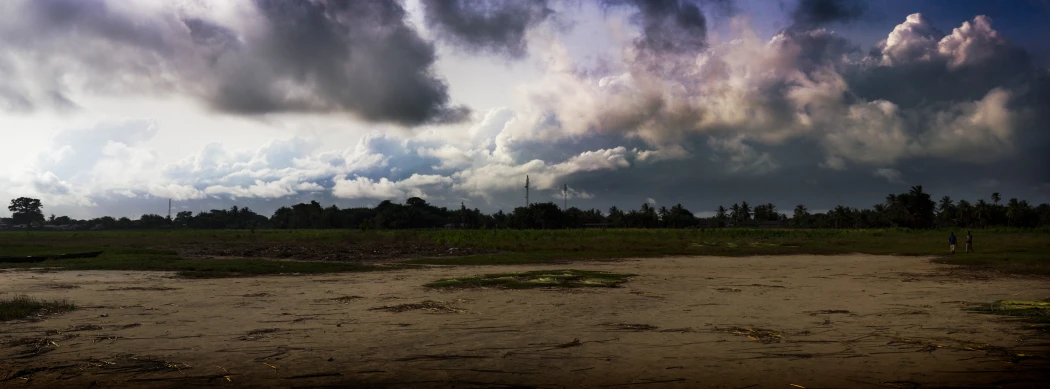 a man standing under an overcast sky next to trees