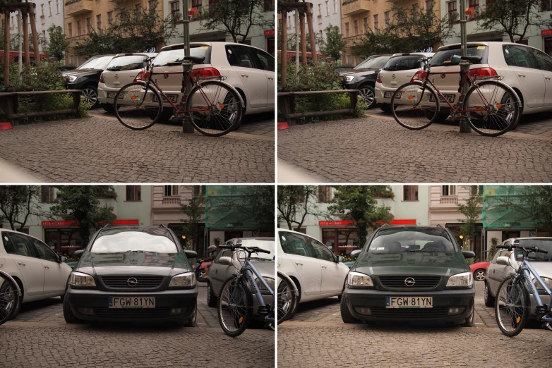 four different pographs show different bikes and cars