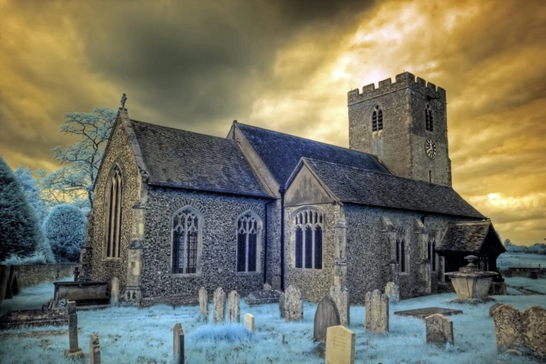 a church in a snow covered field