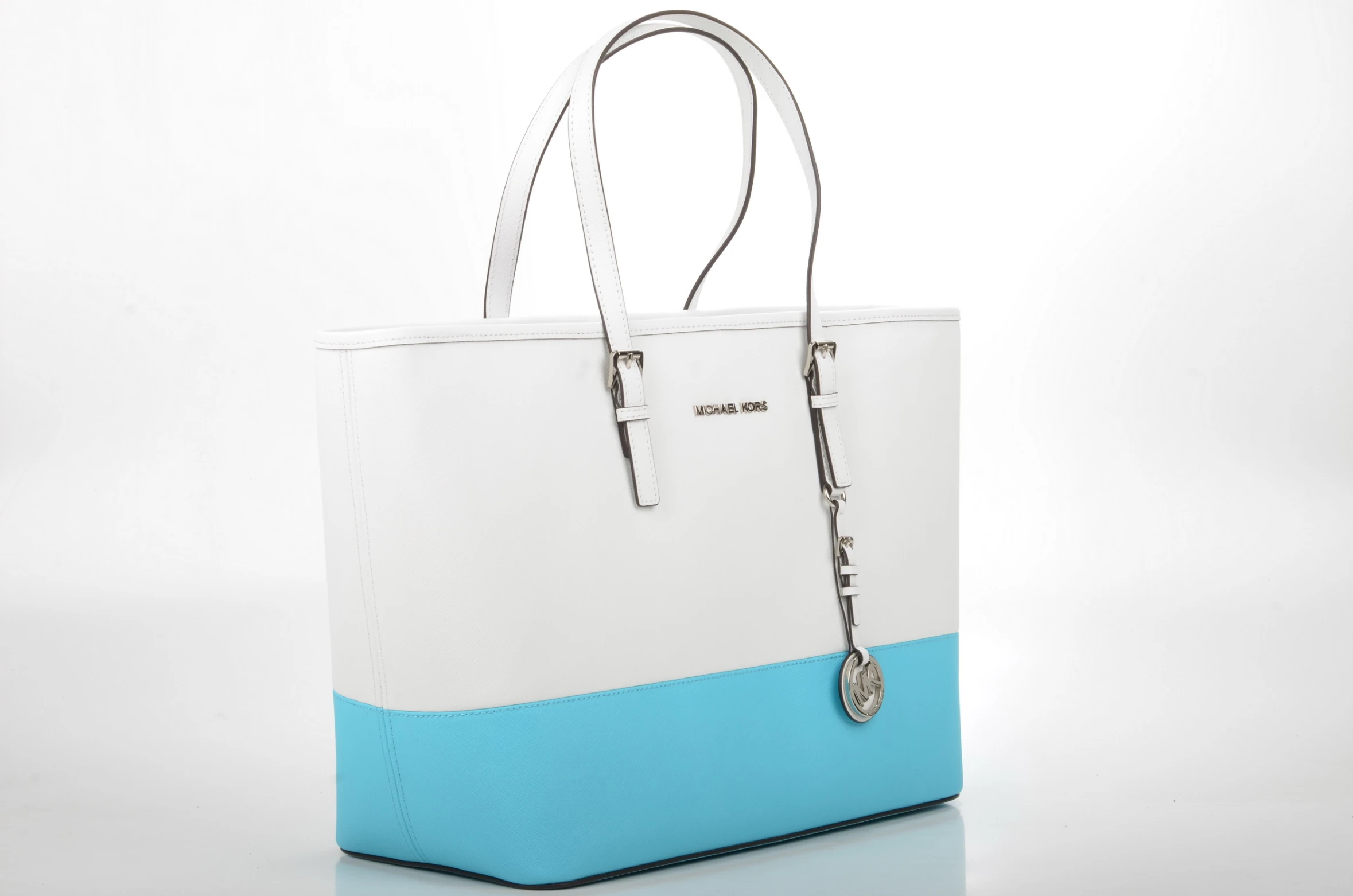 a white bag with blue and silver trim