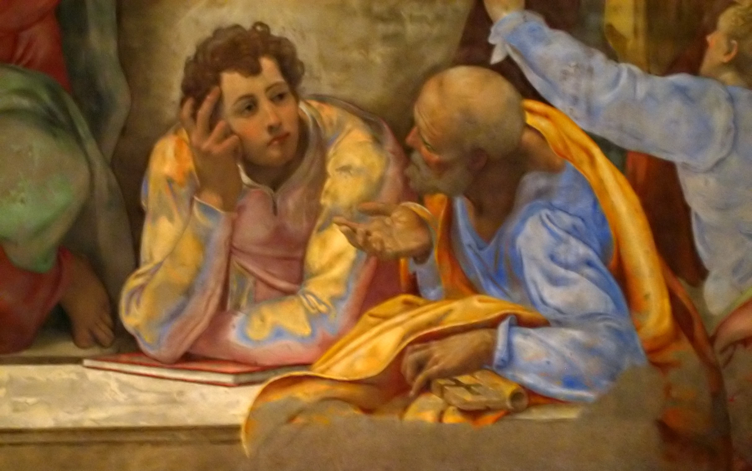 a painting depicting jesus talking to two people