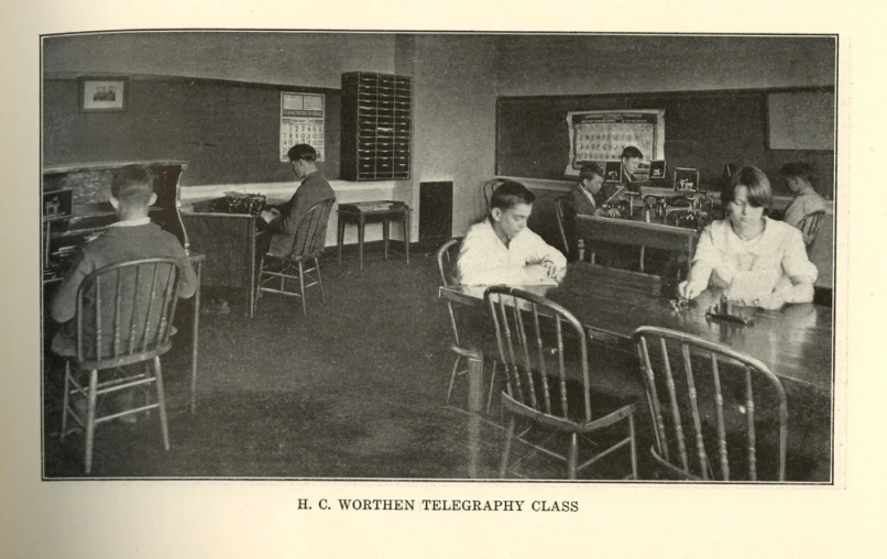 an old pograph of people sitting around the bar