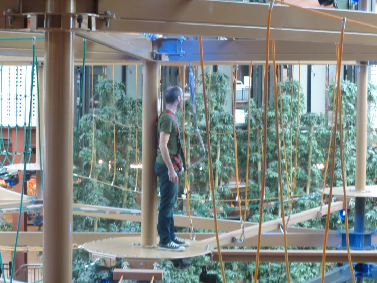 a man on a tight rope bridge next to trees