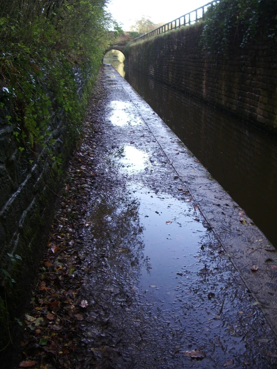 the narrow canal of water is running through the countryside