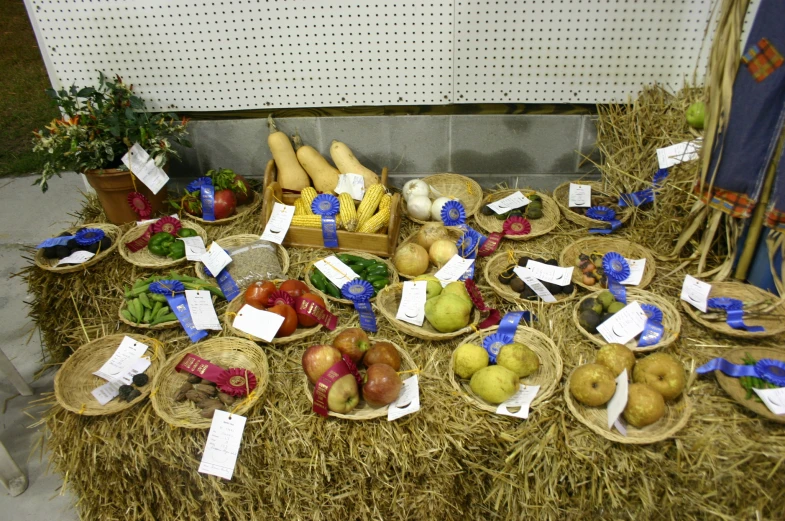 an array of fruit on a hay covered display