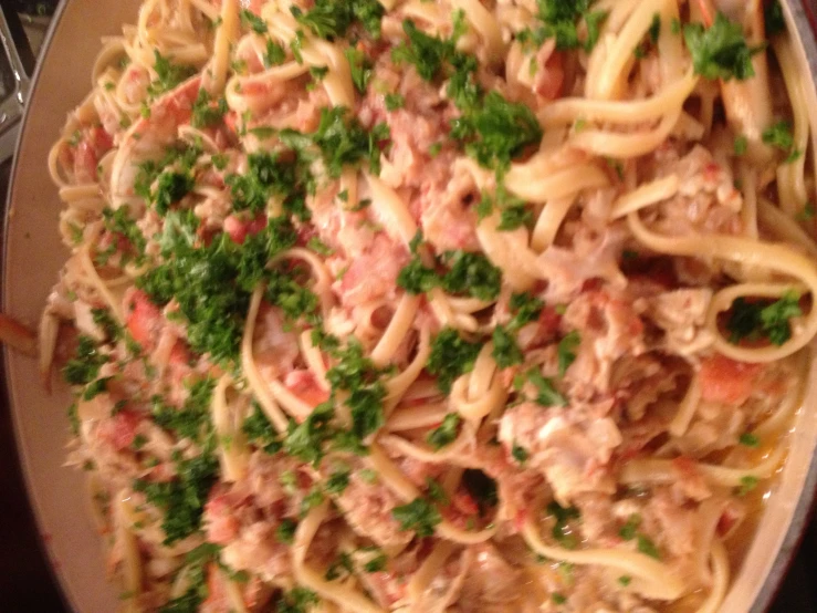 a bowl of pasta with meat and parsley in a sauce