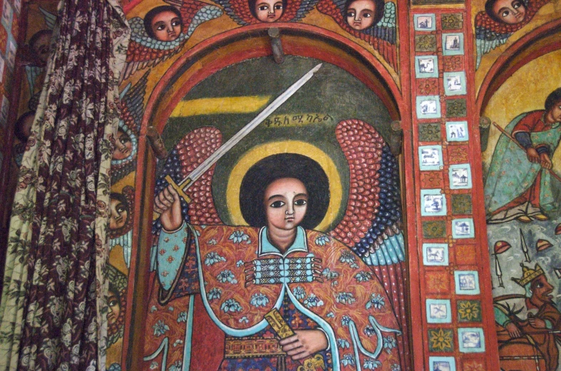 a painting of an angel with a sword in his hand