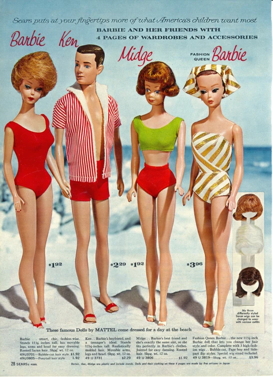 four barbie dolls in bathing suits and striped shirt