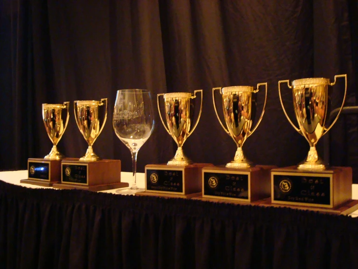 five trophies and an empty glass on a display table