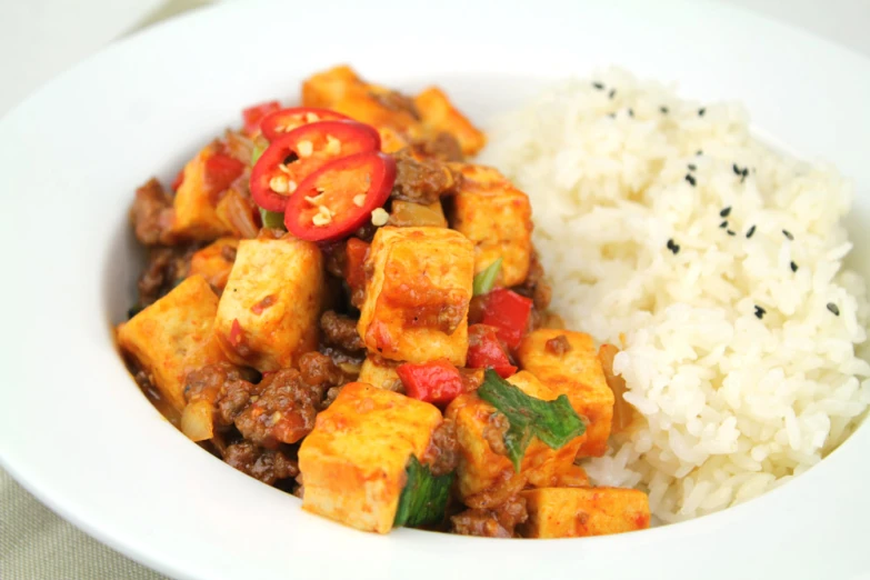 a plate filled with meat, rice and peppers