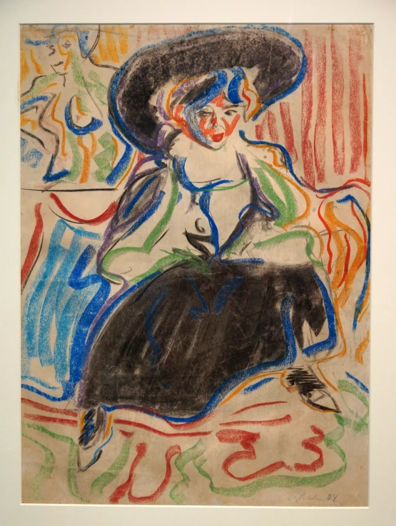 the colorful drawing shows a woman with a hat