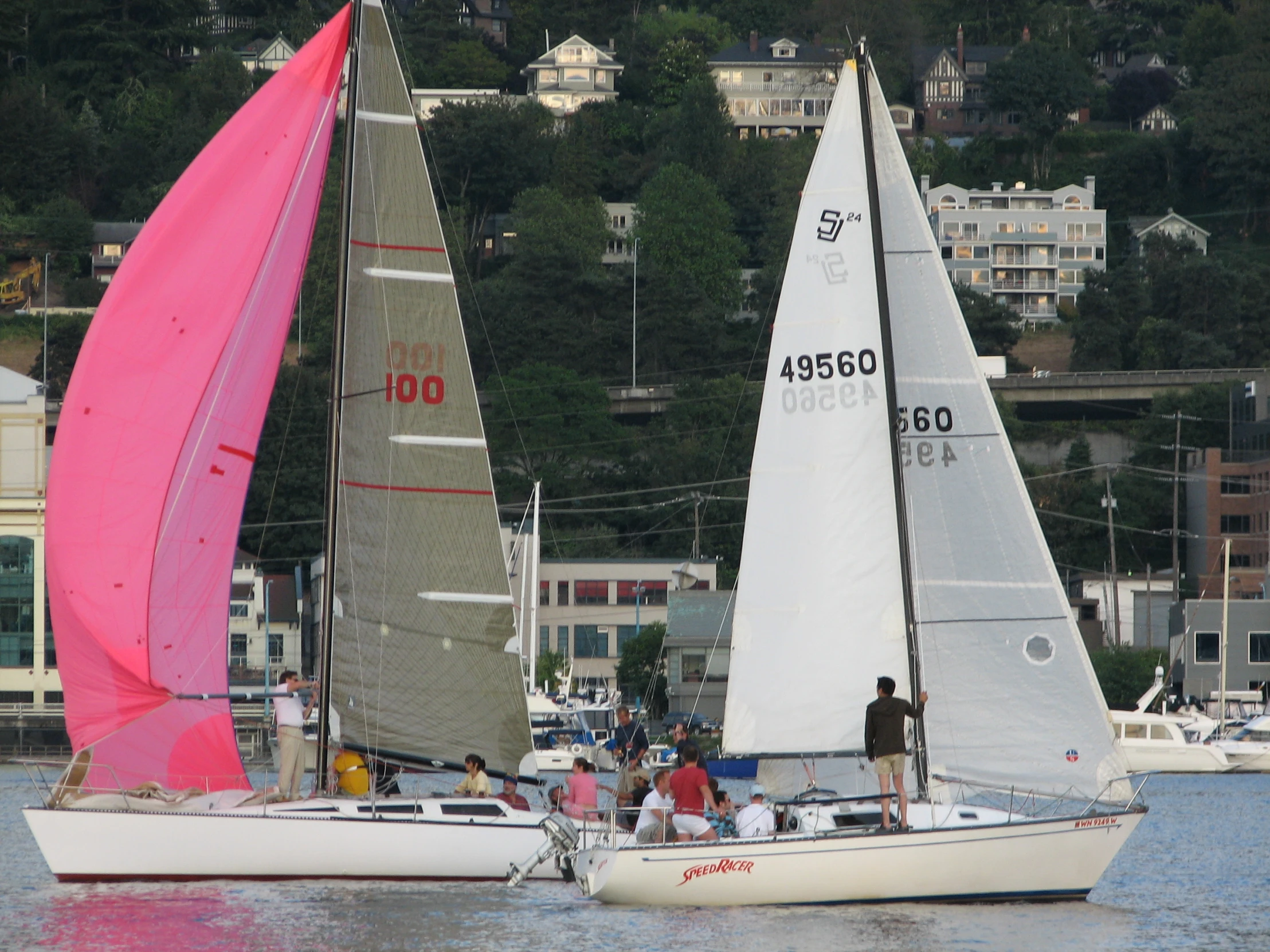 there are three small sailboats out on the water