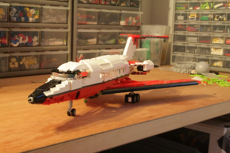 the small model airplane sits on the counter