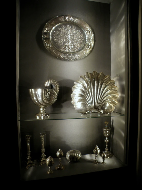 some glass shelves with silver things on them