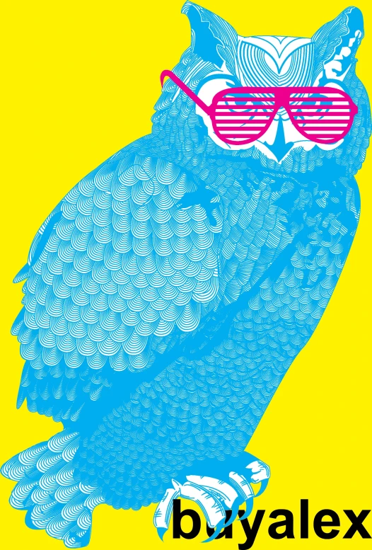 an owl wearing red glasses with a text underneath it reading by alex