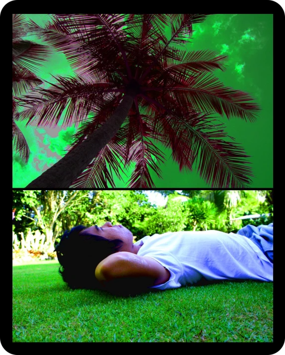 two images of a person sleeping on grass