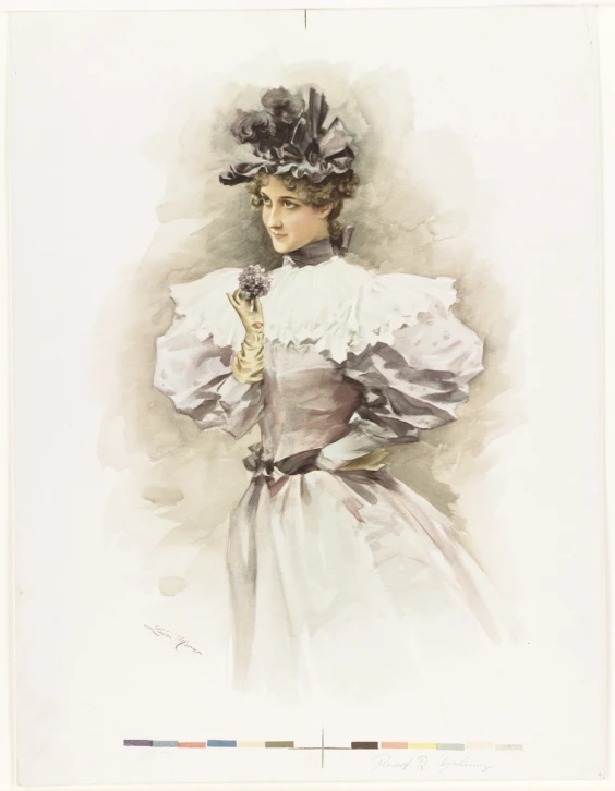 a woman in an antique dress with flower