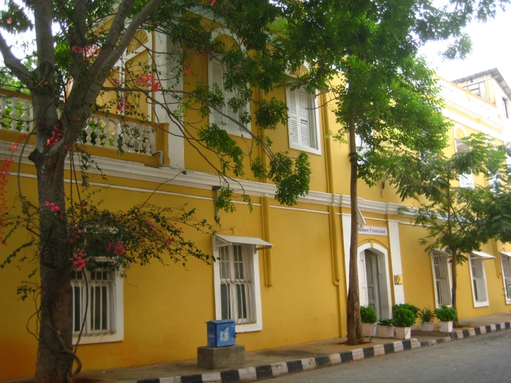 an image of a yellow building with red flowers on it