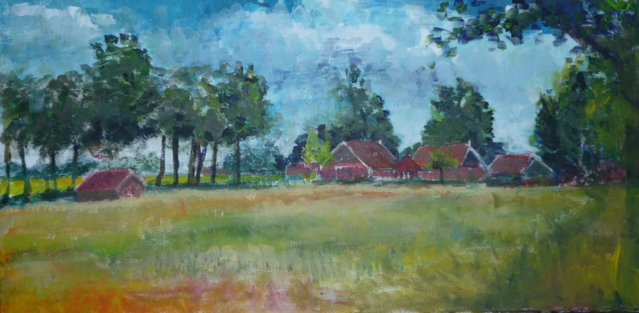 a painting of some red houses in the grass