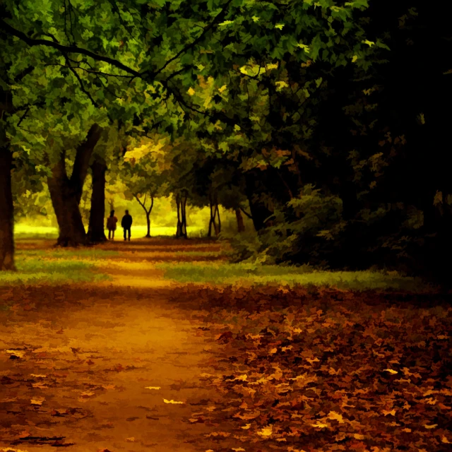 the person is walking on a path through a park