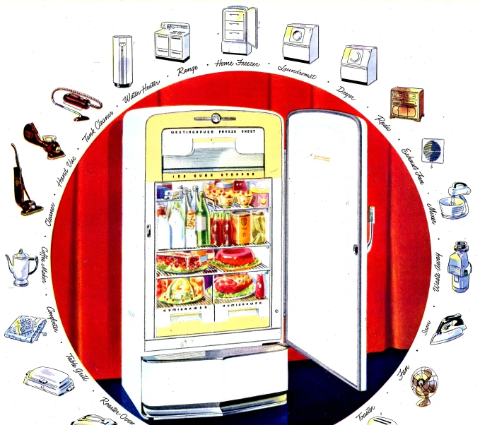 an advertit for a refrigerator has a drawing of food inside