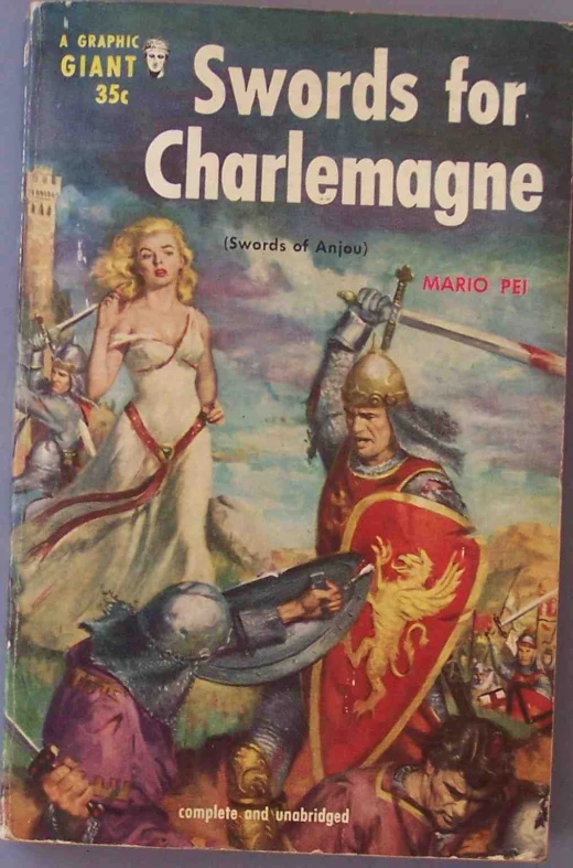 a book with a cover image of a knight, a woman and two knights fighting