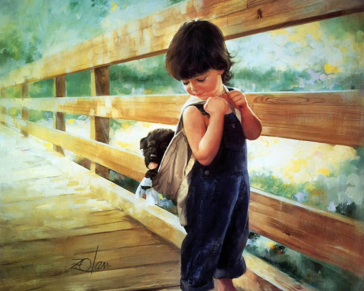 a painting of a boy holding a bag