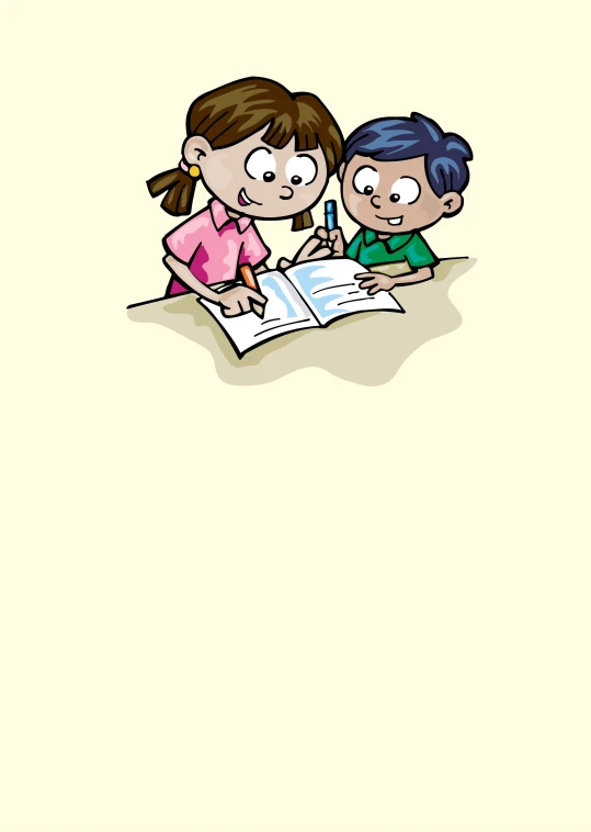 two children look at a book while sitting down