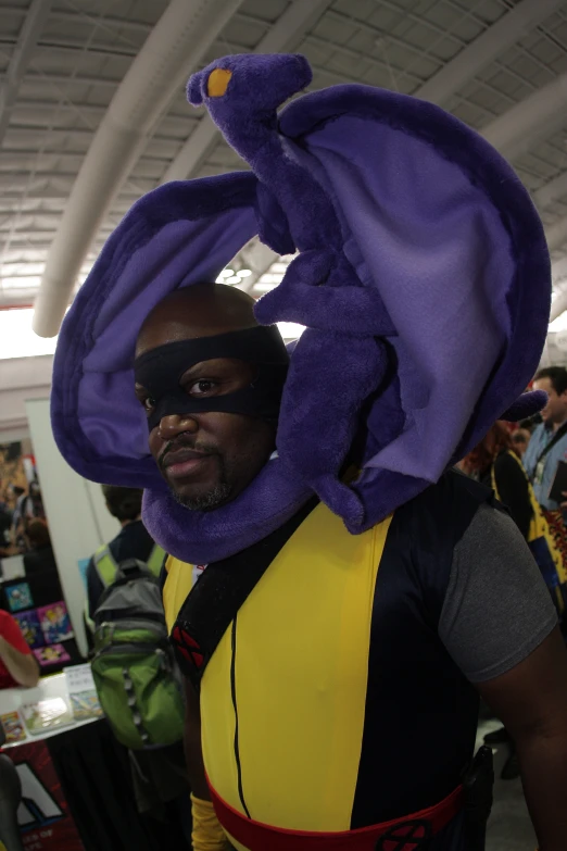 a man dressed up as a purple and yellow ninja character