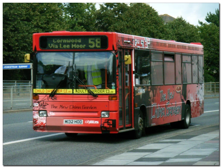 red bus traveling on road with trees behind