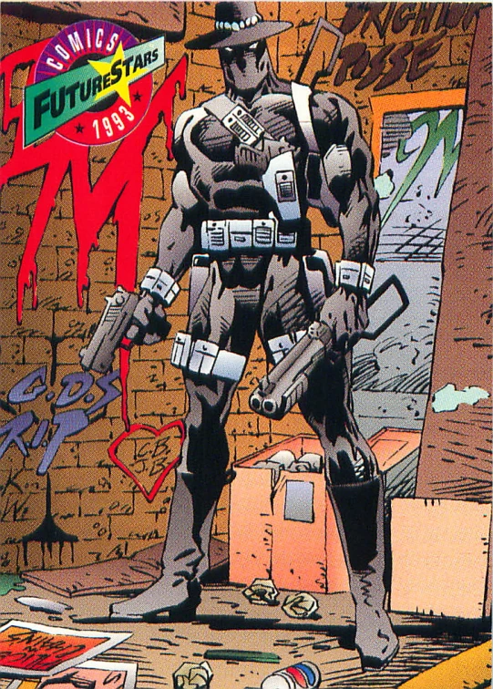 a comic book cover with a man standing by some objects