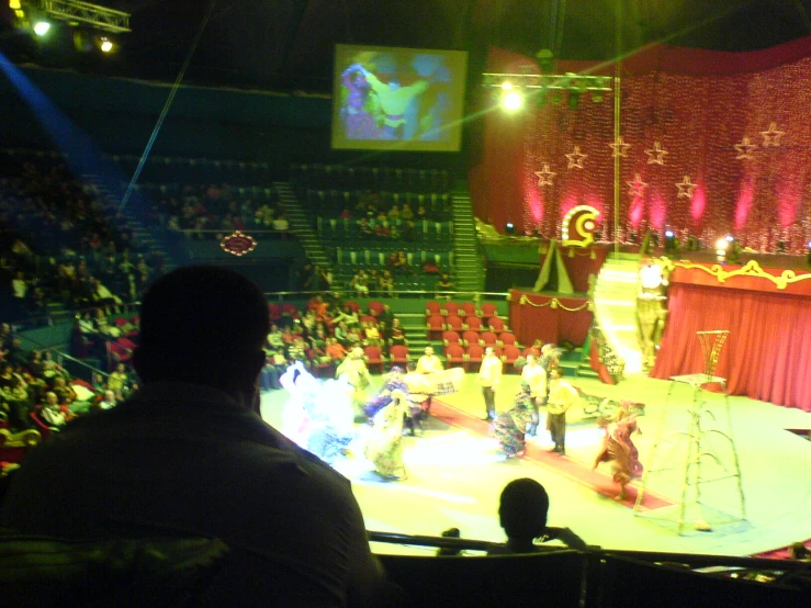 a man in a crowd at a circus with a large number of people on the stage