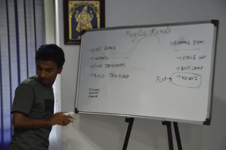 a man giving a presentation in front of a whiteboard