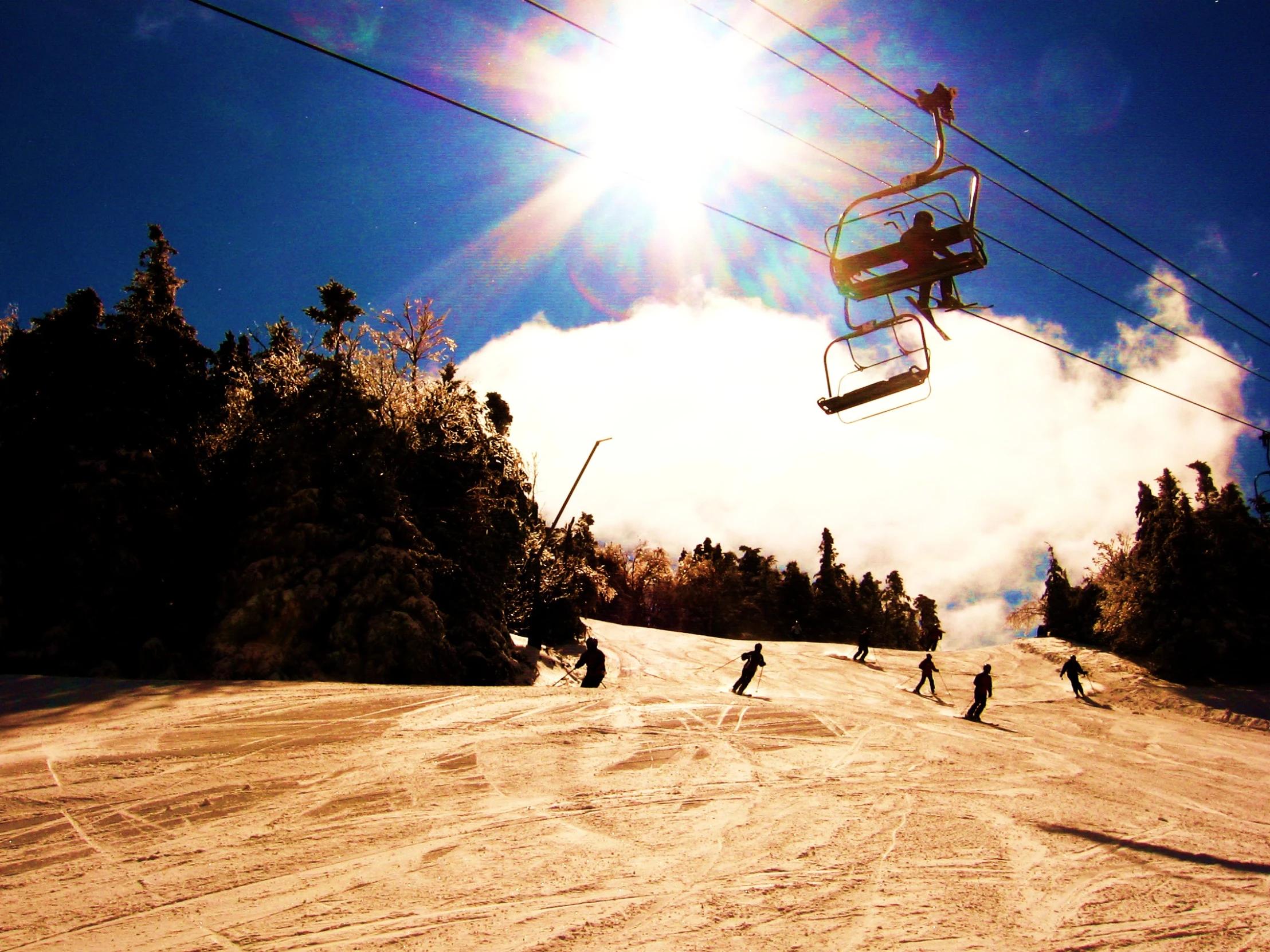 a group of skiers riding the ski lift