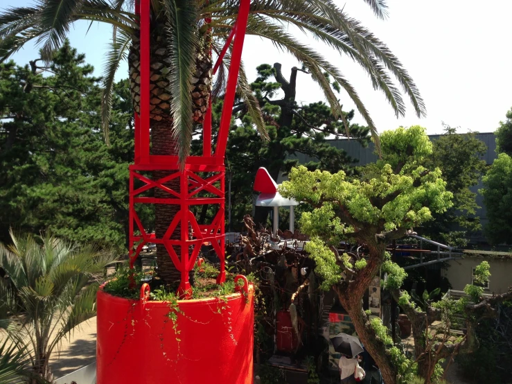 a red planter with a palm tree next to it