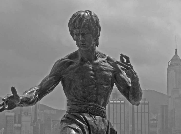 a statue of a man standing in front of the city skyline