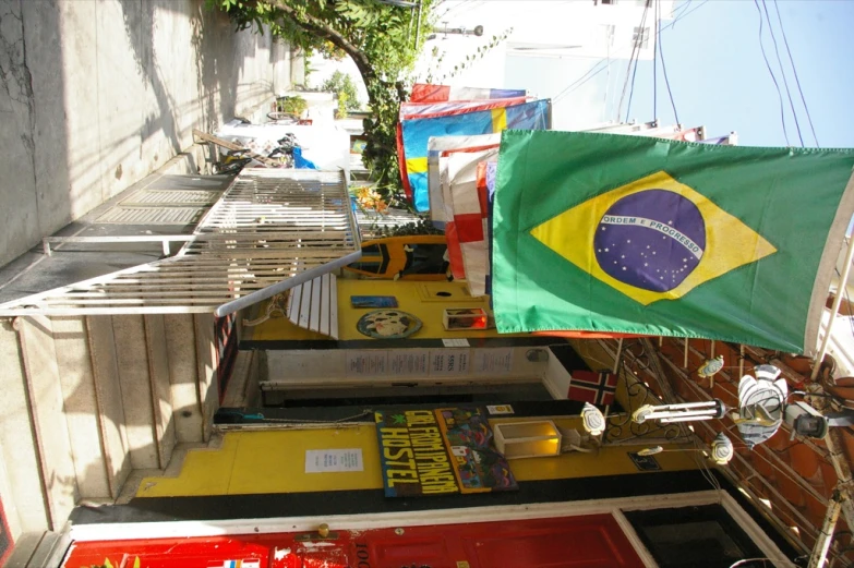 a view down an alley way from a building