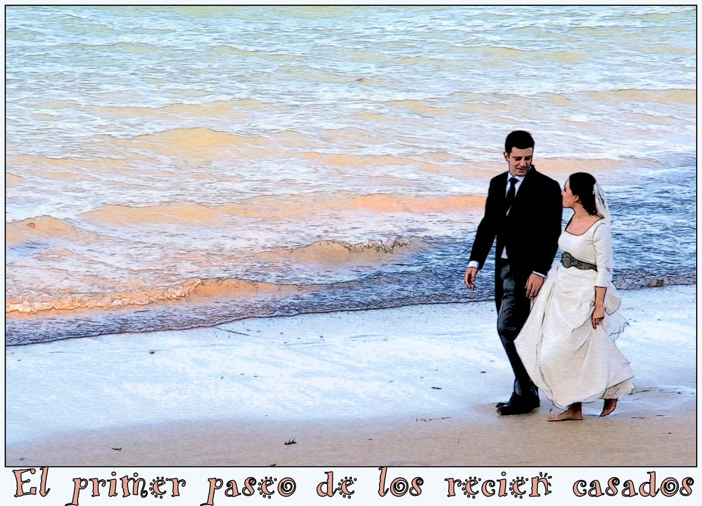 the newly married couple are walking along the beach