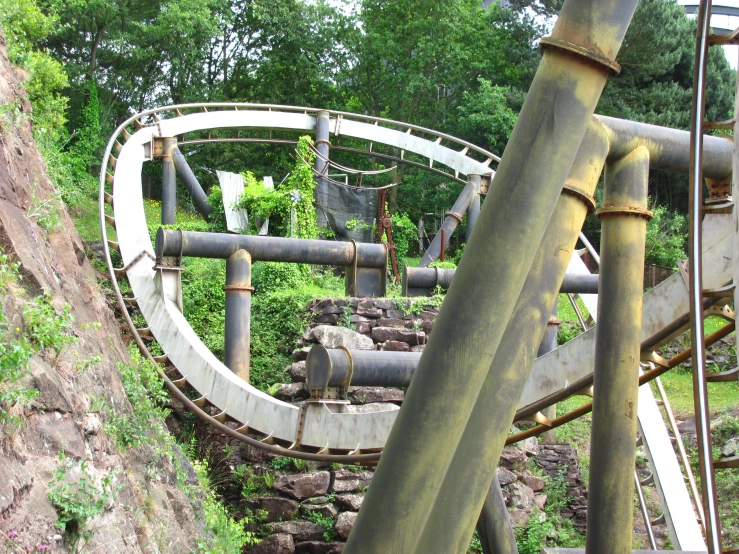 a roller coaster in a park with rocks and trees