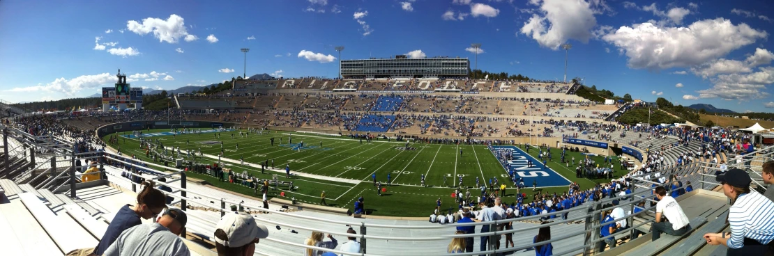 the view from the top level of a stadium at an university