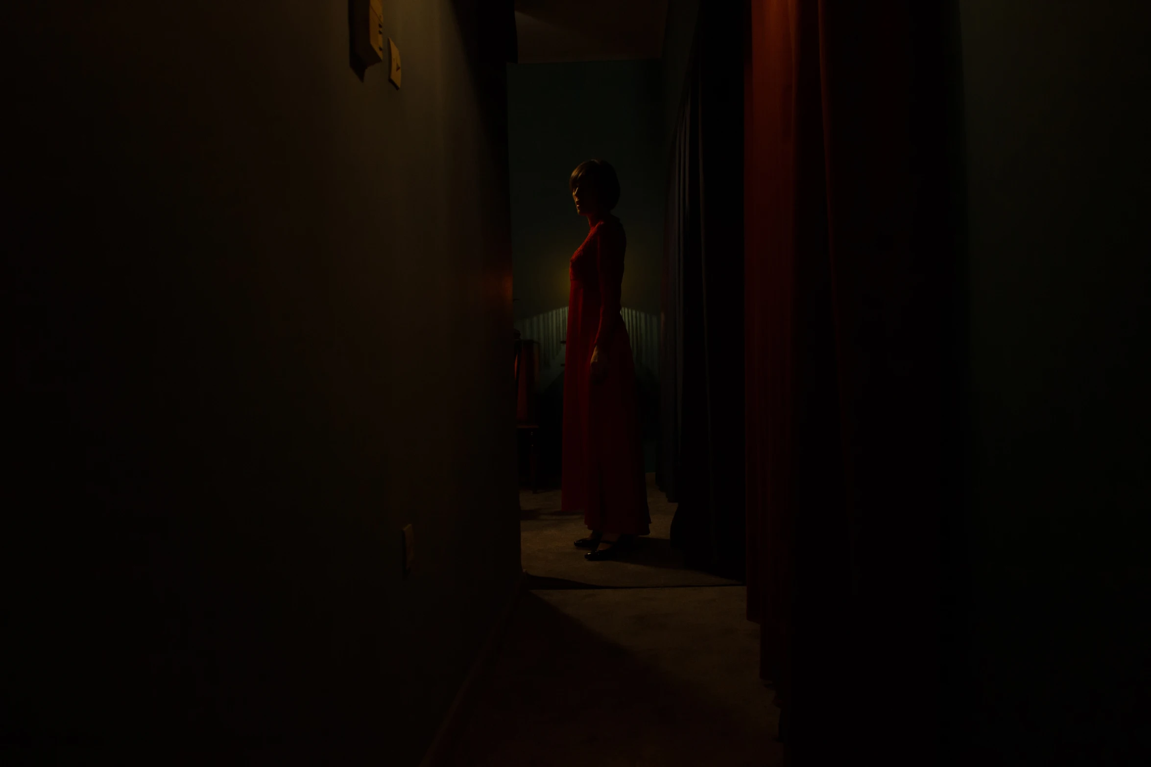 the girl stands at the door of a hallway in the dark