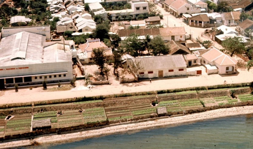 an aerial view of a village with water and grass