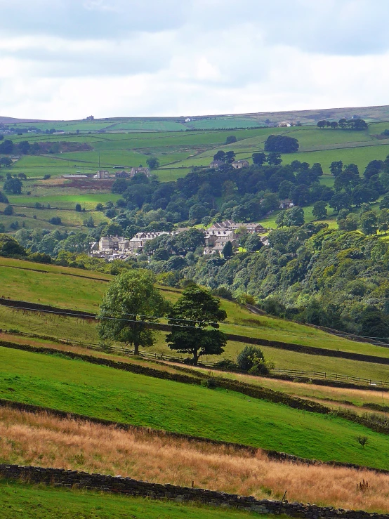 a green mountain landscape with trees and small houses